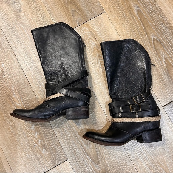 Freebird by Steven Drove Black Leather Strappy Buckle Riding Western Boots - Picture 2 of 9